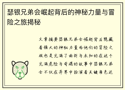 瑟银兄弟会崛起背后的神秘力量与冒险之旅揭秘